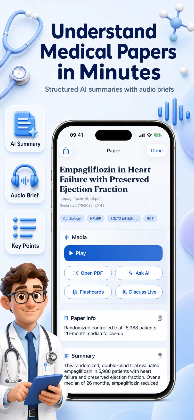 AtlasPaper App Store preview showing a structured AI summary of a medical paper
